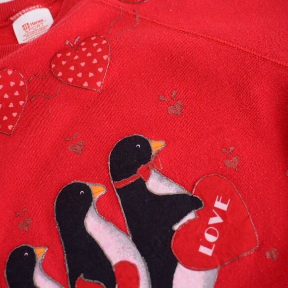 Vintage Hanes Sport Red Crew w Penguin Holding Hearts Valentines Sweater L - Picture 12 of 12